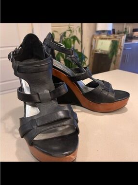 Women's Black Leather Strappy Wedge Sandals with Wood-Look Platform